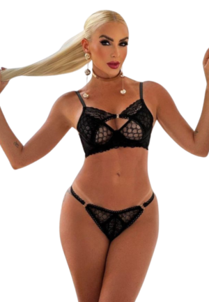 Conjunto de Renda e Tule com Aro sem Bojo e Calcinha Fio